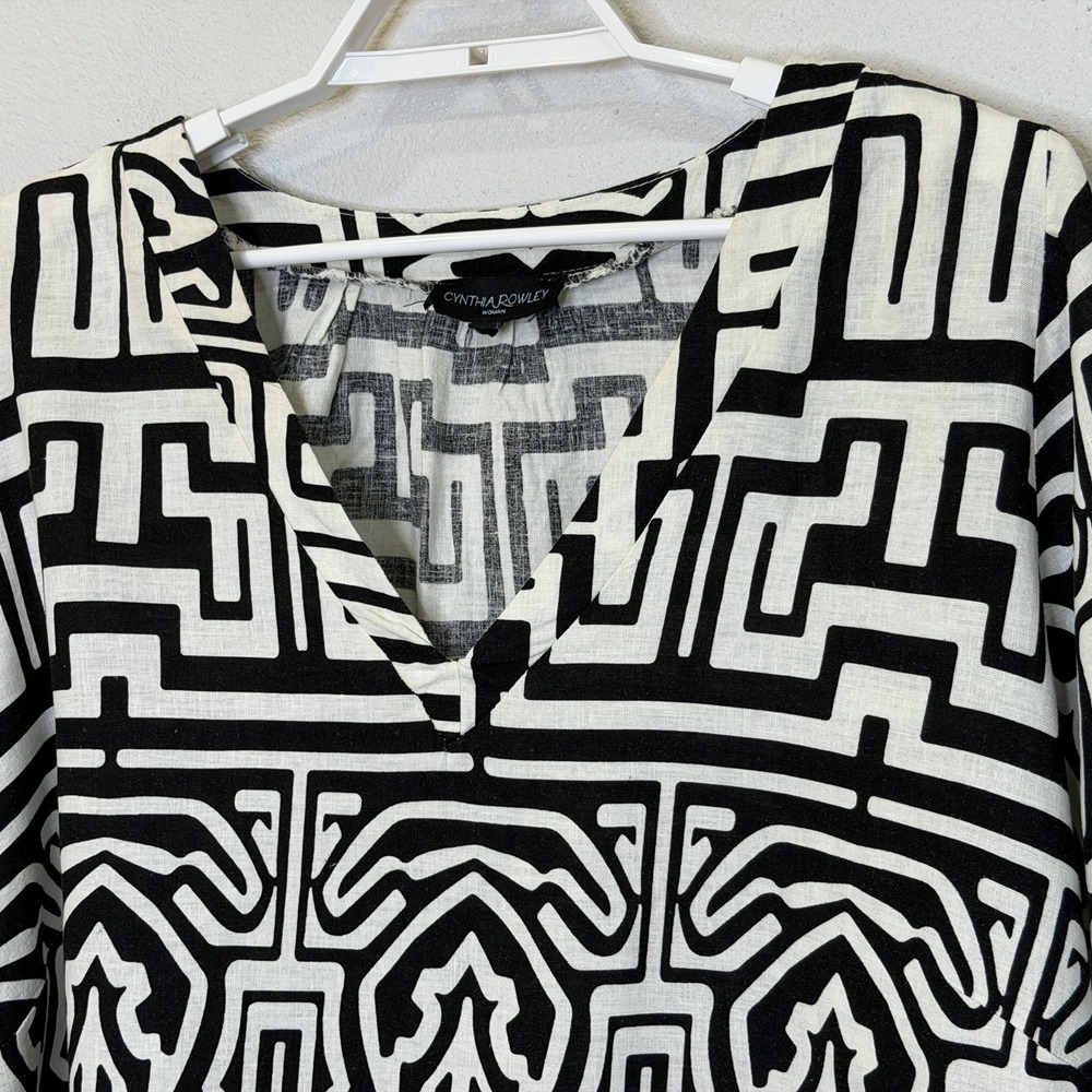 Cynthia Rowley Top Size 2X Black Off White Print V-Neck 3/4 Sleeve Linen Blend - Picture 2 of 9